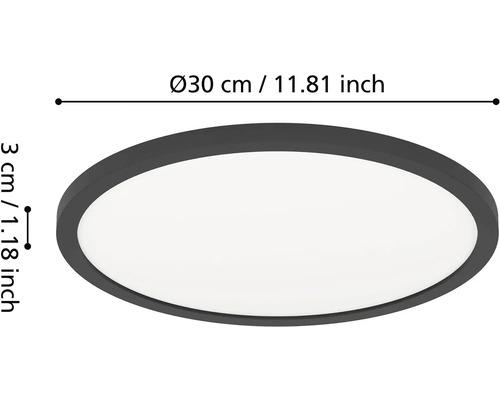 Okrúhle, ploché LED stropné svietidlo s tmavým rámom, priemer 30 centimetrov, výška 3 centimetre.