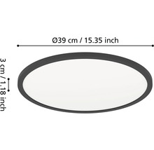 Okrúhle stropné svietidlo s rozmermi: priemer 39 centimetrov a výška 3 centimetre.