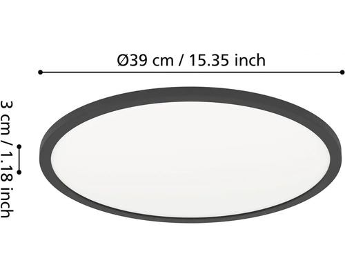 Okrúhle stropné svietidlo s rozmermi: priemer 39 centimetrov a výška 3 centimetre.