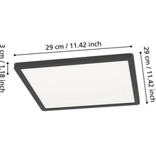 Štvorcové stropné svietidlo s rozmermi 29 centimetrov krát 29 centimetrov a výškou 3 centimetre.