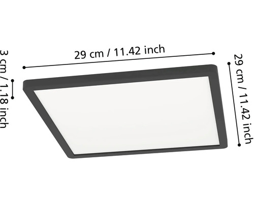 Štvorcové stropné svietidlo s rozmermi 29 centimetrov krát 29 centimetrov a výškou 3 centimetre.