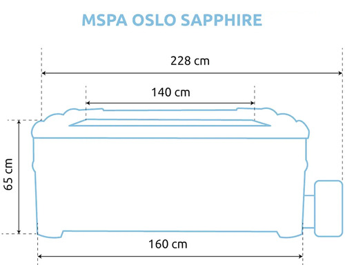 Rozmery vírivky MSPA Oslo Sapphire: šírka 160 centimetrov, celková šírka 228 centimetrov, vnútorná šírka 140 centimetrov, výška 65 centimetrov.