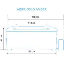 Rozmerový výkres vírivky MSPA Oslo Amber so šírkou 228, 160 a 140 centimetrov a výškou 65 centimetrov.