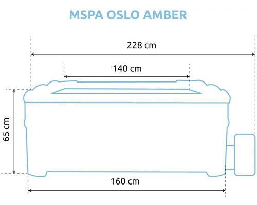 Rozmerový výkres vírivky MSPA Oslo Amber so šírkou 228, 160 a 140 centimetrov a výškou 65 centimetrov.