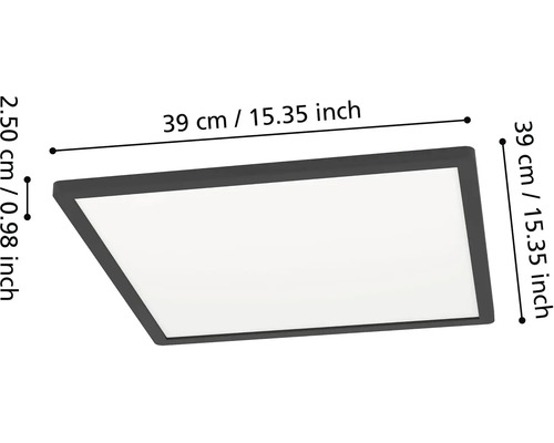 Štvorcové LED stropné svietidlo s rozmermi 39 krát 39 centimetrov a výškou 2,50 centimetrov.