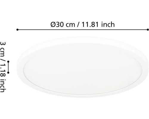 Okrúhle biele stropné LED svietidlo s priemerom 30 centimetrov a výškou 3 centimetre.