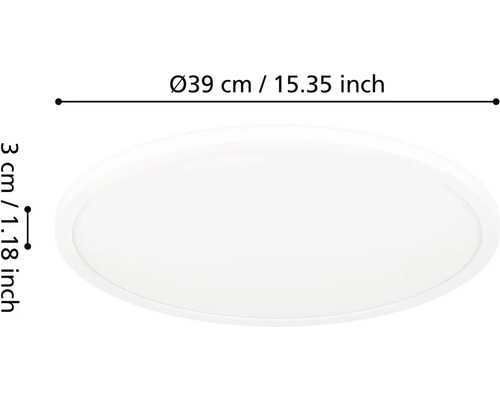 Ploché okrúhle LED stropné svietidlo s priemerom 39 centimetrov a výškou 3 centimetre.