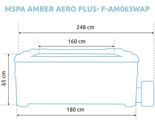 Vírivka MSpa Amber Aero Plus F-AM063WAP: vonkajšia šírka 180, vnútorná šírka 160, celková šírka 248 a výška 65 centimetrov.