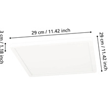 Štvorcový LED stropný panel s rozmermi 29 centimetrov krát 29 centimetrov a výškou 3 centimetre.