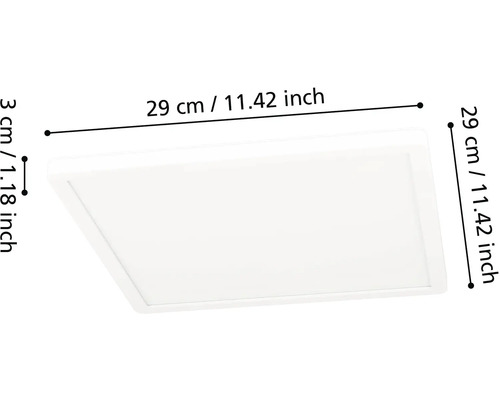 Štvorcový LED stropný panel s rozmermi 29 centimetrov krát 29 centimetrov a výškou 3 centimetre.