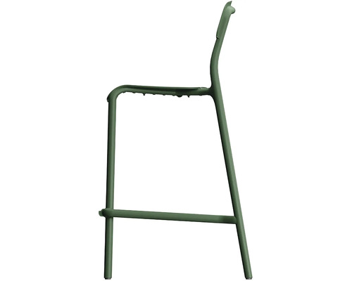 Zelený kovový rám barovej stoličky s integrovanou opierkou na nohy, bočný pohľad.
