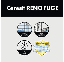 Vlastnosti Ceresit Reno Fuge: Vhodné do vlhka, na steny a podlahy, po 60 minútach odolné voči vode, s ochranou MicroProtect proti plesniam.