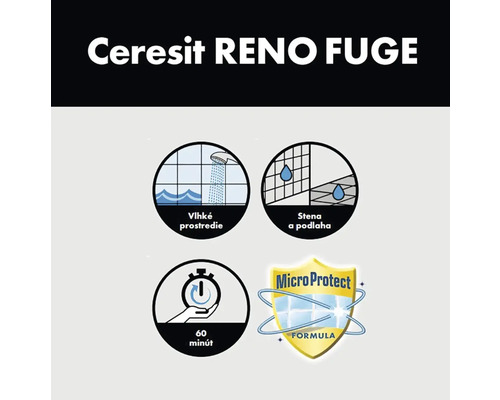 Vlastnosti Ceresit Reno Fuge: Vhodné do vlhka, na steny a podlahy, po 60 minútach odolné voči vode, s ochranou MicroProtect proti plesniam.