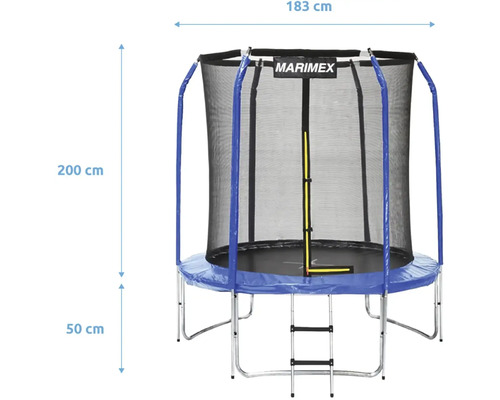 Trampolína Marimex s ochrannou sieťou a rebríkom, priemer 183 centimetrov, celková výška 200 centimetrov, výška rámu 50 centimetrov.