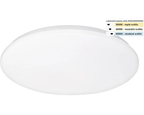 Okrúhle biele stropné LED svietidlo s nastaviteľnou teplotou farieb od 3000 Kelvinov do 6500 Kelvinov.