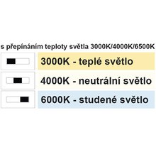 Nastavenie teploty farieb medzi 3000 Kelvinov teplá biela, 4000 Kelvinov neutrálna biela a 6000 Kelvinov studená biela.