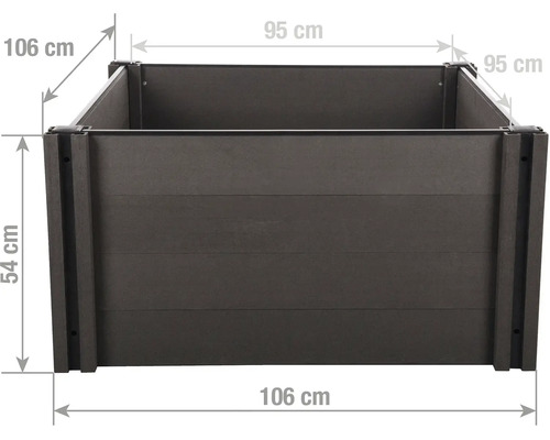 Vyvýšený záhon s vonkajšími rozmermi 106 krát 106 krát 54 centimetrov a vnútornými rozmermi 95 krát 95 centimetrov.