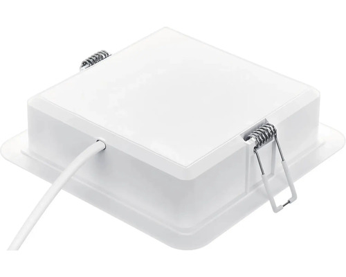 Štvorcové LED vstavané svietidlo v bielej farbe s montážnymi pružinami a pripájacím káblom.