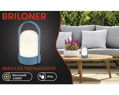 Briloner Logo, akumulátorová LED stolná lampa pre vonkajšie použitie, teplé biele svetlo 3000 Kelvinov, ochrana IP44, prenosná lampa s rúčkou na stole.
