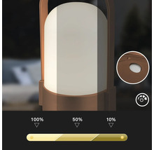 Prenosne LED svietidlo s tromi urovnami stmievania pri 100 percentach, 50 percentach a 10 percentach jasu a detailny pohlad na vypinac.