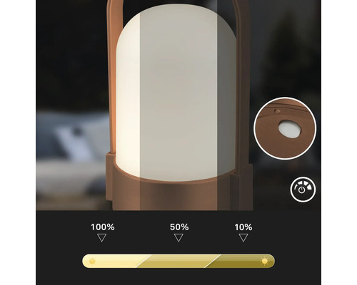 Prenosne LED svietidlo s tromi urovnami stmievania pri 100 percentach, 50 percentach a 10 percentach jasu a detailny pohlad na vypinac.