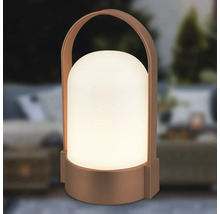Prenosná vonkajšia LED lampa s rukoväťou, teplý biely svietiaci valec so zaoblenou hornou časťou a bronzovým krytom.