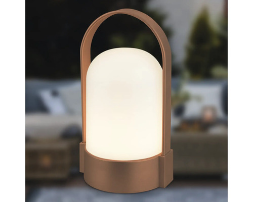 Prenosná vonkajšia LED lampa s rukoväťou, teplý biely svietiaci valec so zaoblenou hornou časťou a bronzovým krytom.