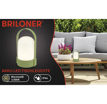 Briloner akumulátorová LED stolná lampa zelená na vonkajšie použitie, teplé biele svetlo 3000 Kelvinov, krytie IP44, prenosná s rukoväťou.