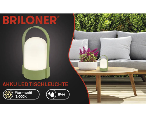Briloner akumulátorová LED stolná lampa zelená na vonkajšie použitie, teplé biele svetlo 3000 Kelvinov, krytie IP44, prenosná s rukoväťou.