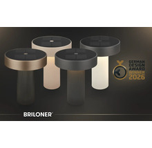 Solárne stolové lampy Briloner s drážkovaným podstavcom a solárnym panelom, Briloner Logo, ocenenie German Design Award Winner 2026.