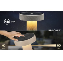 Solárna stolná lampa Briloner s ochranou IP44 proti striekajúcej vode a dotykovým stmievačom od circa 10 do 100 percent. Briloner Logo.