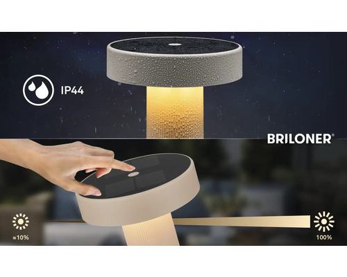 Solárna stolná lampa Briloner s ochranou IP44 proti striekajúcej vode a dotykovým stmievačom od circa 10 do 100 percent. Briloner Logo.
