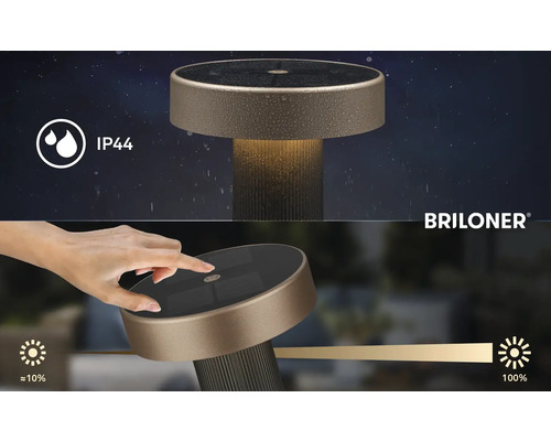 Briloner Logo. Solárna stolná lampa s krytím IP44 a dotykovým stmievačom od 10 do 100 percent.