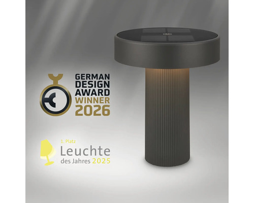 Moderná solárna stolná lampa s oceneniami German Design Award Winner 2026 a Svietidlo roka 2025.