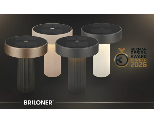 Solárne stolové lampy Briloner s drážkovaným podstavcom a solárnym panelom, Briloner Logo, ocenenie German Design Award Winner 2026.