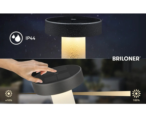 Stolná LED lampa Briloner s ochranou proti striekajúcej vode IP44 a funkciou dotykového stmievania od približne 10 do 100 percent.