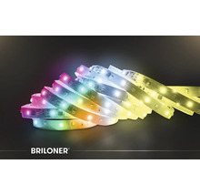 LED pás Briloner so zmenou farieb a bielym svetlom na dekoratívne osvetlenie. Briloner Logo.