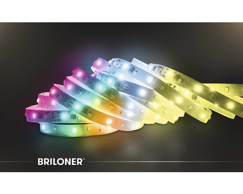 LED pás Briloner so zmenou farieb a bielym svetlom na dekoratívne osvetlenie. Briloner Logo.
