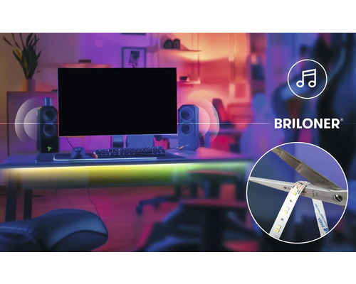 Briloner Logo, herná zostava s LED pásikom, synchronicácia s hudbou a zobrazenie skrátiteľného LED pásika.