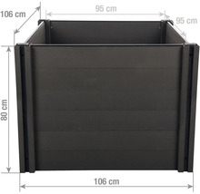 Vyvýšený záhon s rozmermi: šírka 106 centimetrov, hĺbka 106 centimetrov, výška 80 centimetrov. Vnútorný rozmer 95 na 95 centimetrov.