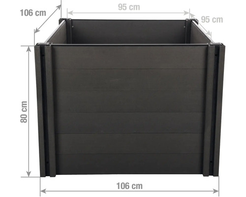 Vyvýšený záhon s rozmermi: šírka 106 centimetrov, hĺbka 106 centimetrov, výška 80 centimetrov. Vnútorný rozmer 95 na 95 centimetrov.