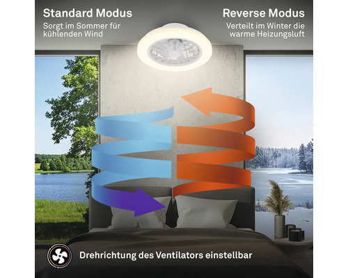 Stropný ventilátor s LED osvetlením a nastaviteľným smerom otáčania pre letný a zimný režim v spálni.