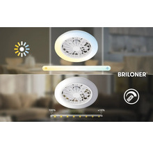Briloner Logo. Stropný LED ventilátor s nastaviteľnou teplotou farieb, funkciou stmievania od 10 do 100 percent a diaľkovým ovládaním.