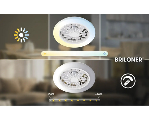 Briloner Logo. Stropný LED ventilátor s nastaviteľnou teplotou farieb, funkciou stmievania od 10 do 100 percent a diaľkovým ovládaním.