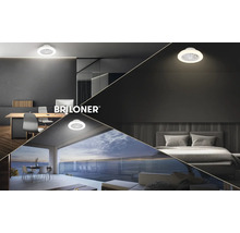 Briloner Logo. Koláž stropného ventilátora s integrovaným LED osvetlením v modernej kancelárii, spálni a na terase.