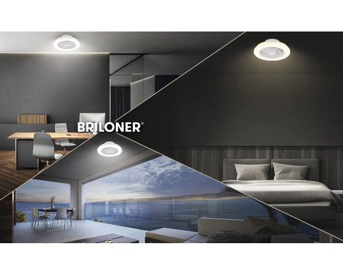 Briloner Logo. Koláž stropného ventilátora s integrovaným LED osvetlením v modernej kancelárii, spálni a na terase.