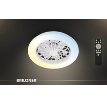 Stropný ventilátor Briloner s LED osvetlením a diaľkovým ovládaním. Okrúhly dizajn s nastaviteľnou teplotou farieb. Briloner Logo.