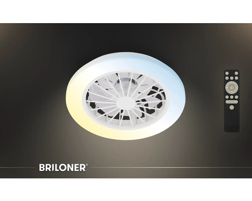 Stropný ventilátor Briloner s LED osvetlením a diaľkovým ovládaním. Okrúhly dizajn s nastaviteľnou teplotou farieb. Briloner Logo.