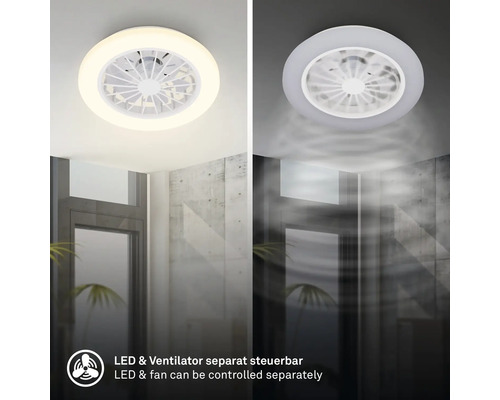 Stropný ventilátor s LED osvetlením, ventilátor a svetlo samostatne ovládateľné, montáž na strop v interiéri.