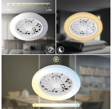 Okrúhle stropné LED svietidlo s ventilátorom, stmievateľné od 100 do približne 10 percent, nastaviteľná teplota farieb a funkcia nočného svetla.